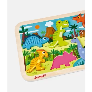 Puzzle din lemn 3D, Janod, cu dinozauri, 7 piese, 18 luni+
